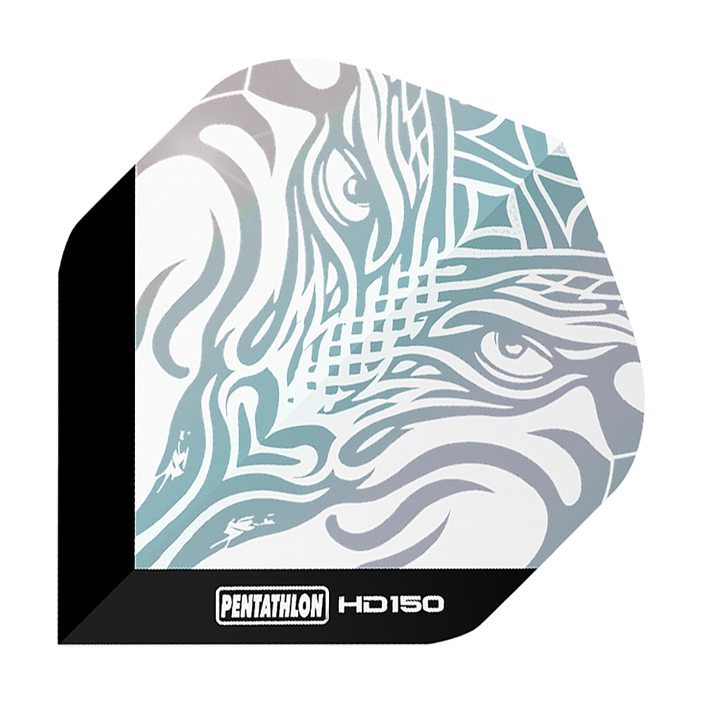 Das Bild zeigt das Produkt "Pentathlon HD150 Metallic Clear Standard Flights". Auf dem Flight ist ein stilisiertes, metallisch schimmerndes Muster zu sehen, das an ein Tiergesicht erinnert.